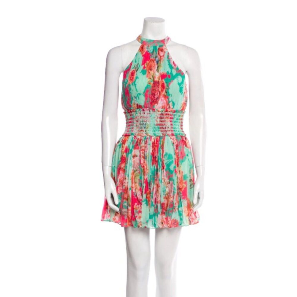 Rococo Sand Printed Mini Dress Pleated Short Aline Halter Green Pink Siz…